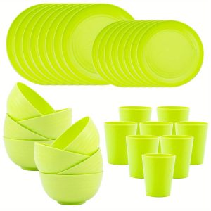 32pcs Wheat Straw Dinnerware Sets, Plates, Cups And Bowls Sets, Unbreakable Dinner Plates For 8, Reusable Dinnerware, Green Set Include 16pcs Plates, 8pcs Bowls, 8pcs Cups, Kitchen Supplies